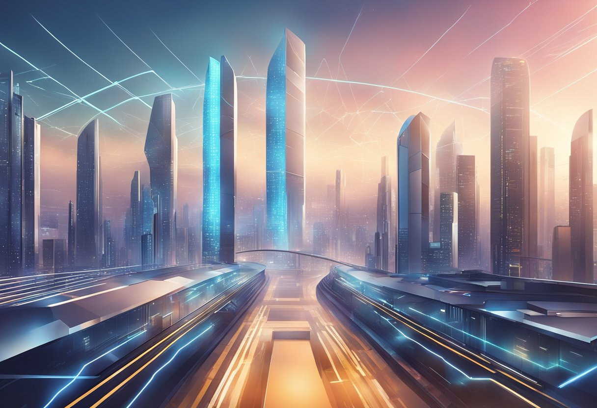 A futuristic city skyline with digital security barriers and advanced encryption algorithms in the background