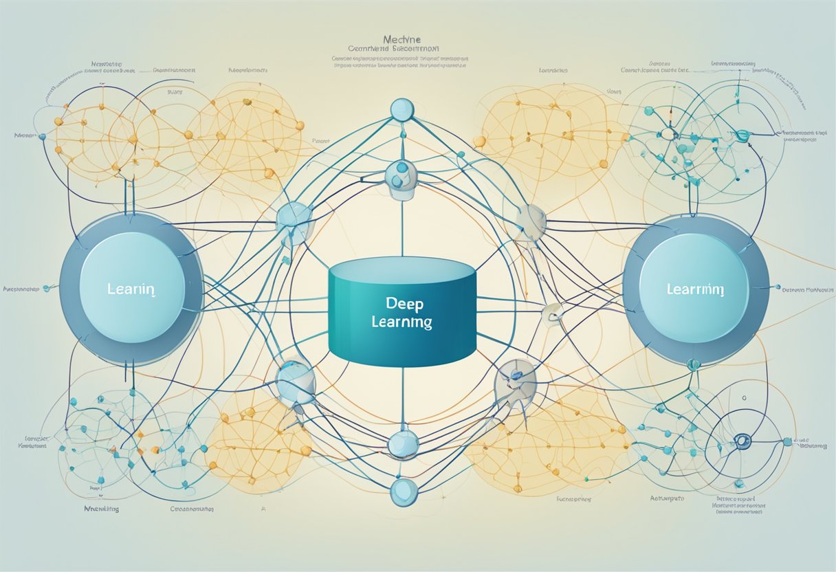 A complex neural network diagram with interconnected nodes and layers, representing the comparison between machine learning and deep learning