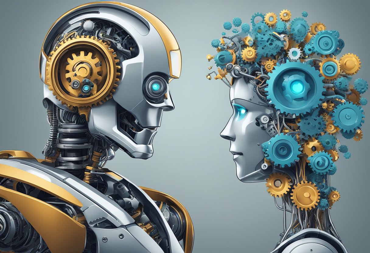 A robot and a brain with gears, representing machine learning vs deep learning