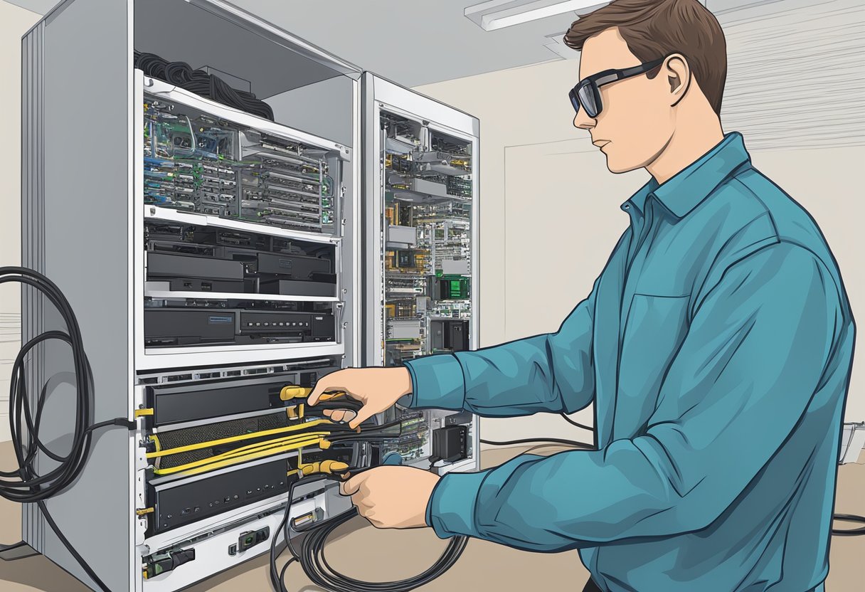 A technician connecting a router to a high-speed modem with cables