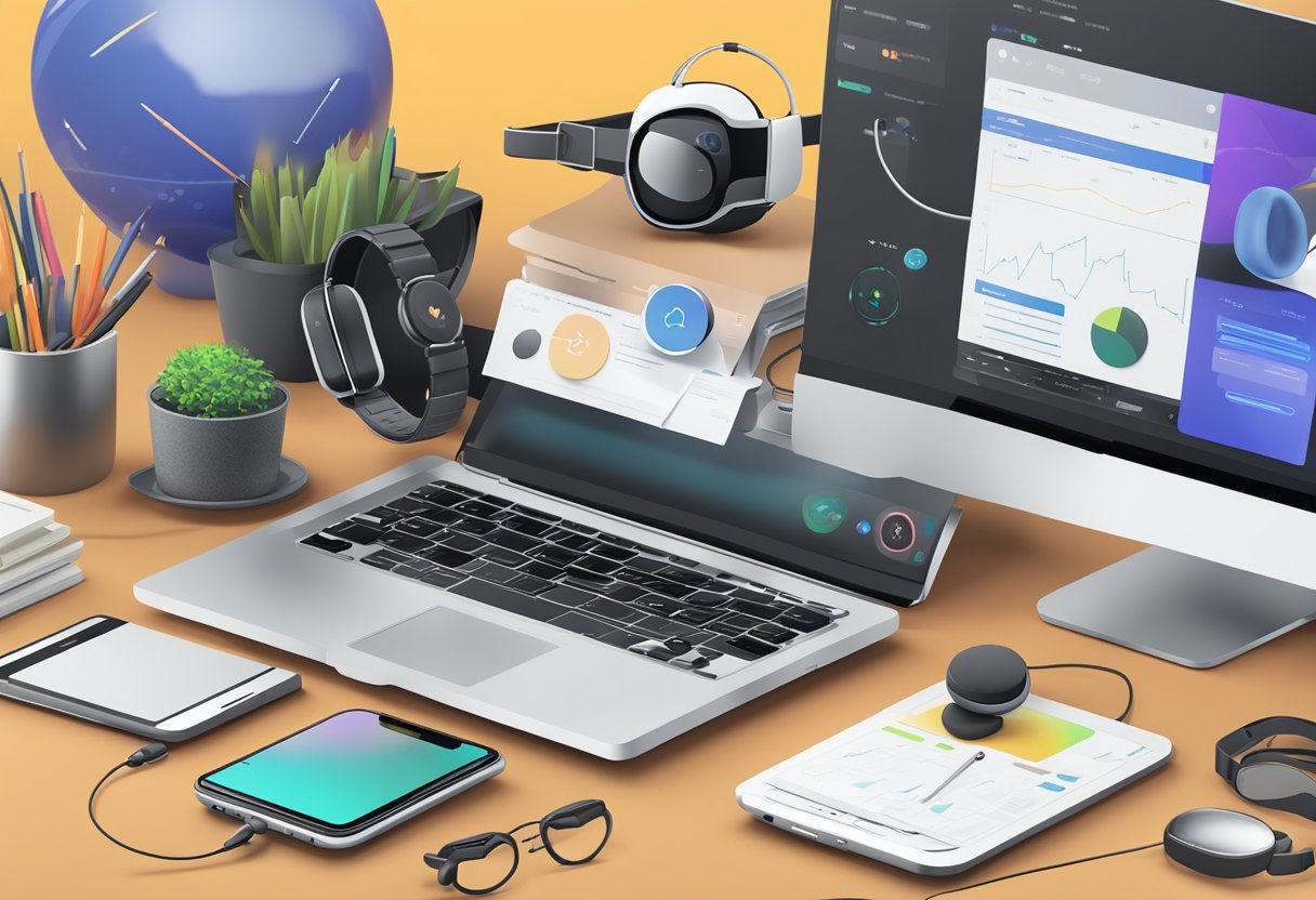 A cluttered desk with a laptop, smartphone, smartwatch, wireless earbuds, and VR headset