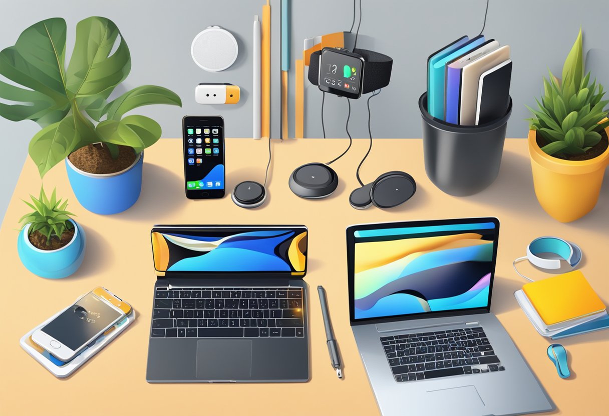 A cluttered desk with a laptop, smartphone, smartwatch, and wireless earbuds. A charging station with various cords and adapters