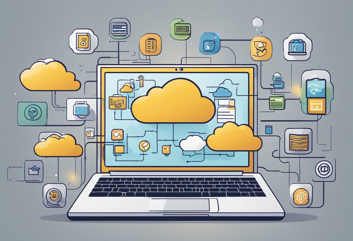 A laptop connected to the cloud, with various software icons floating above it, representing the benefits of using SaaS solutions