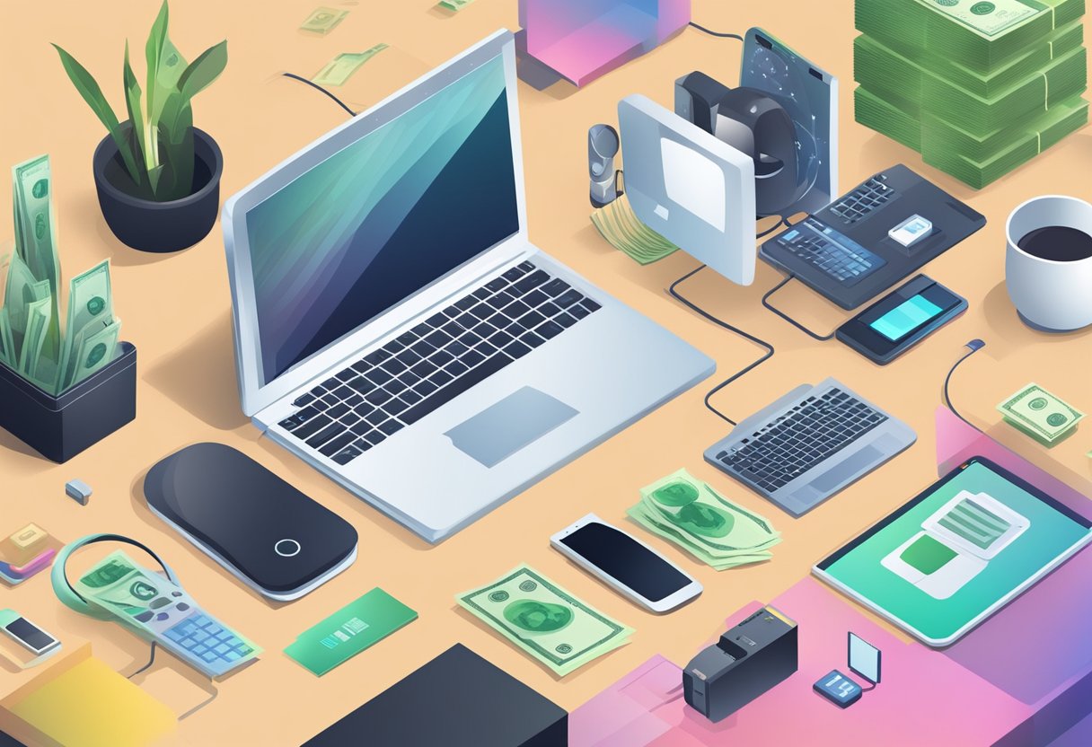 A modern computer surrounded by tech gadgets and a stack of money, symbolizing successful monetization of a tech blog