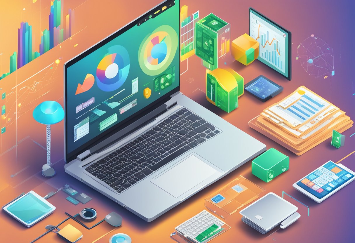 A laptop surrounded by various tech gadgets and money symbols, with a chart showing increasing profits