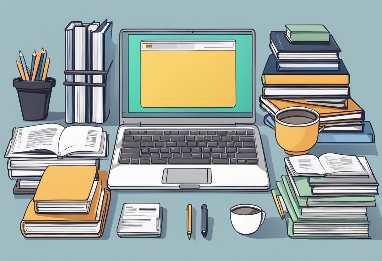 A laptop surrounded by coding books and online course materials