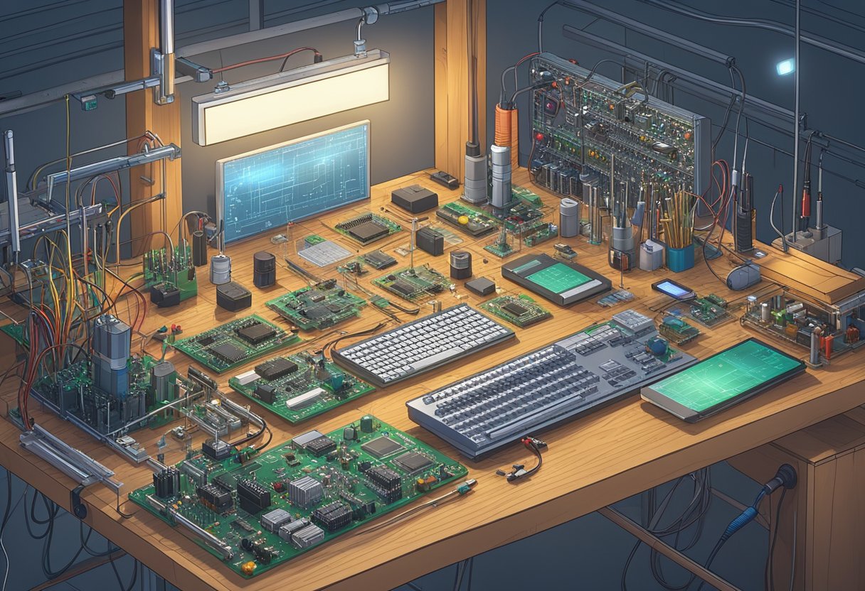 A workbench with various electronic components, wires, and a microcontroller. LED lights, sensors, and a breadboard are arranged for building an IoT project