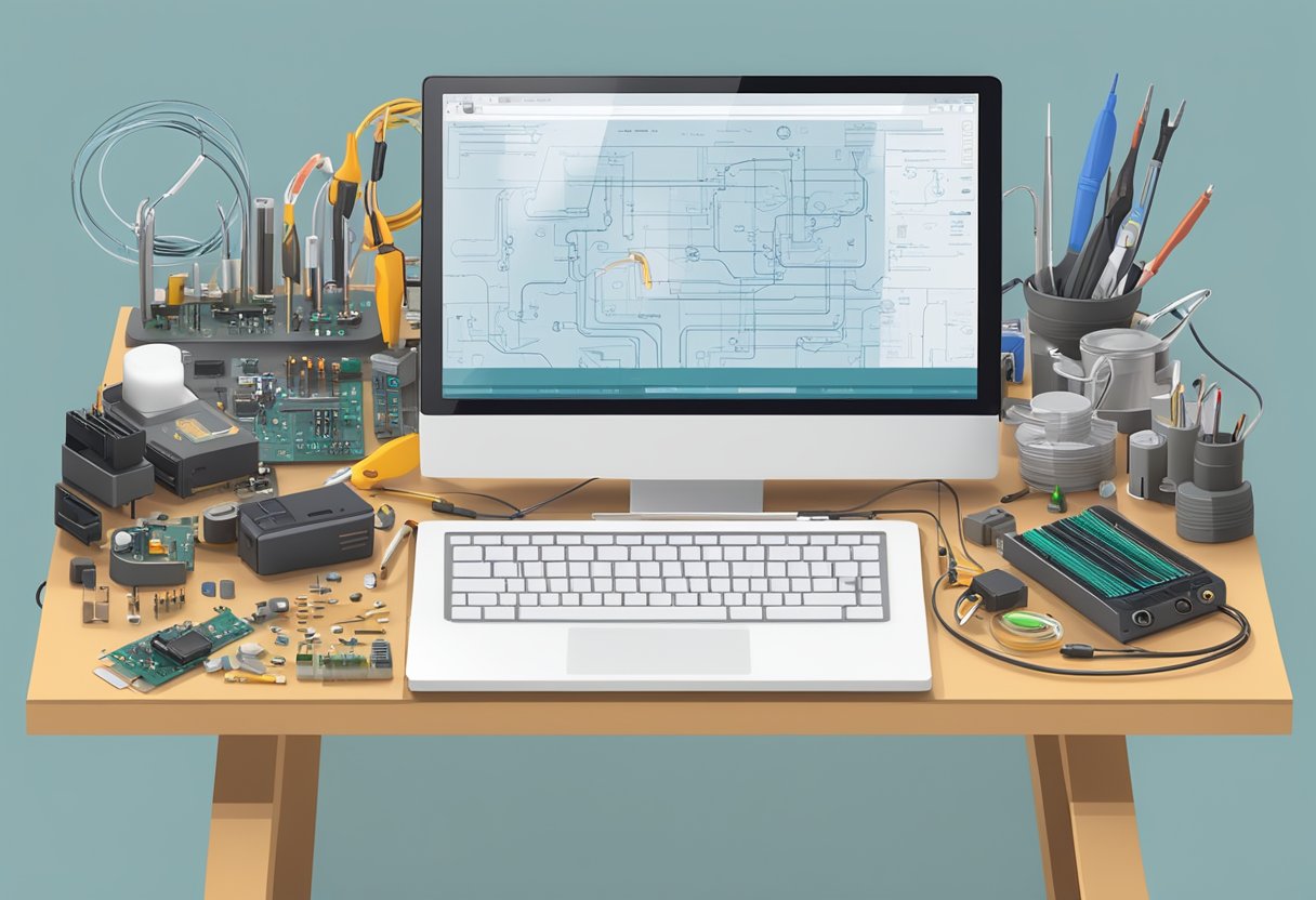 A cluttered workbench with electronic components, a soldering iron, and a laptop displaying IoT project schematics