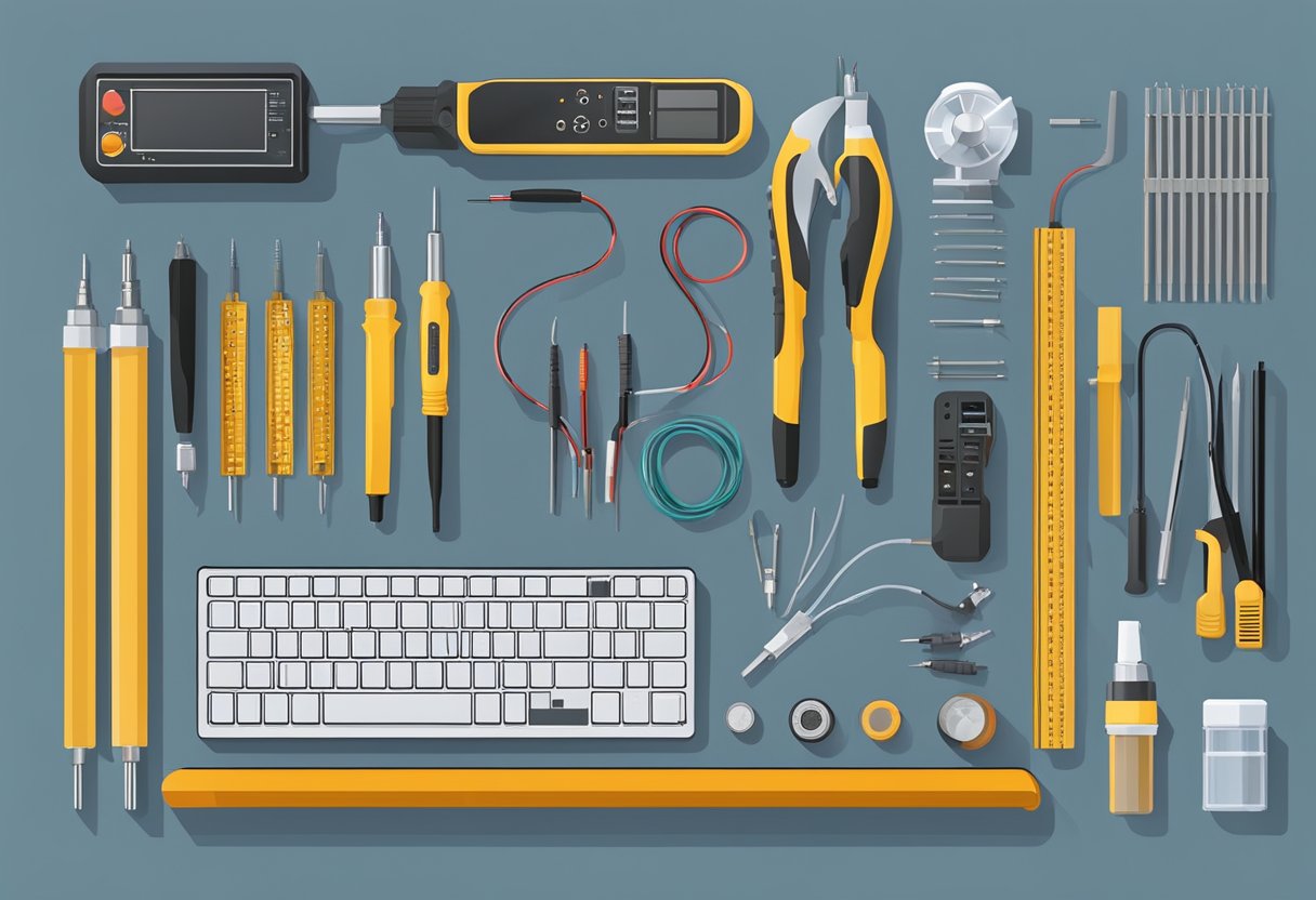 A workbench with various electronic components, soldering iron, and a circuit board being assembled