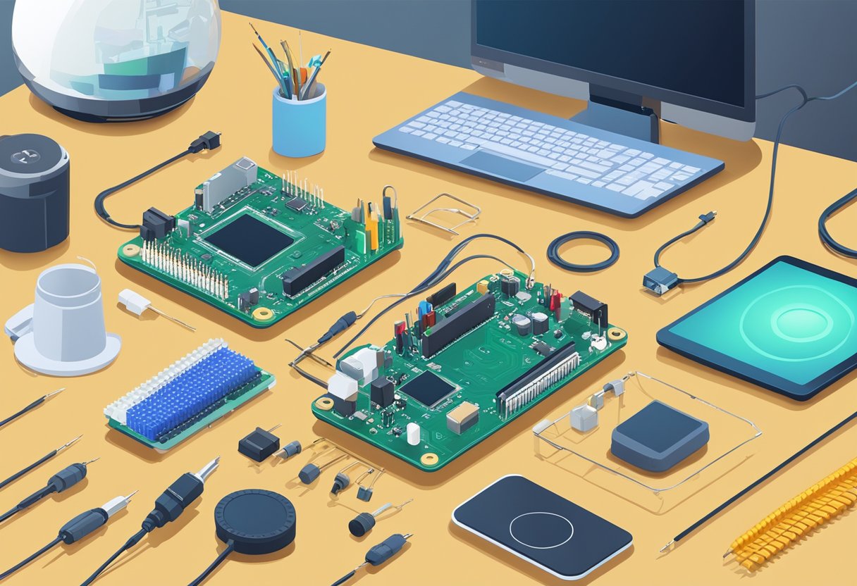 A table with various electronic components, a soldering iron, and a computer displaying IoT project software