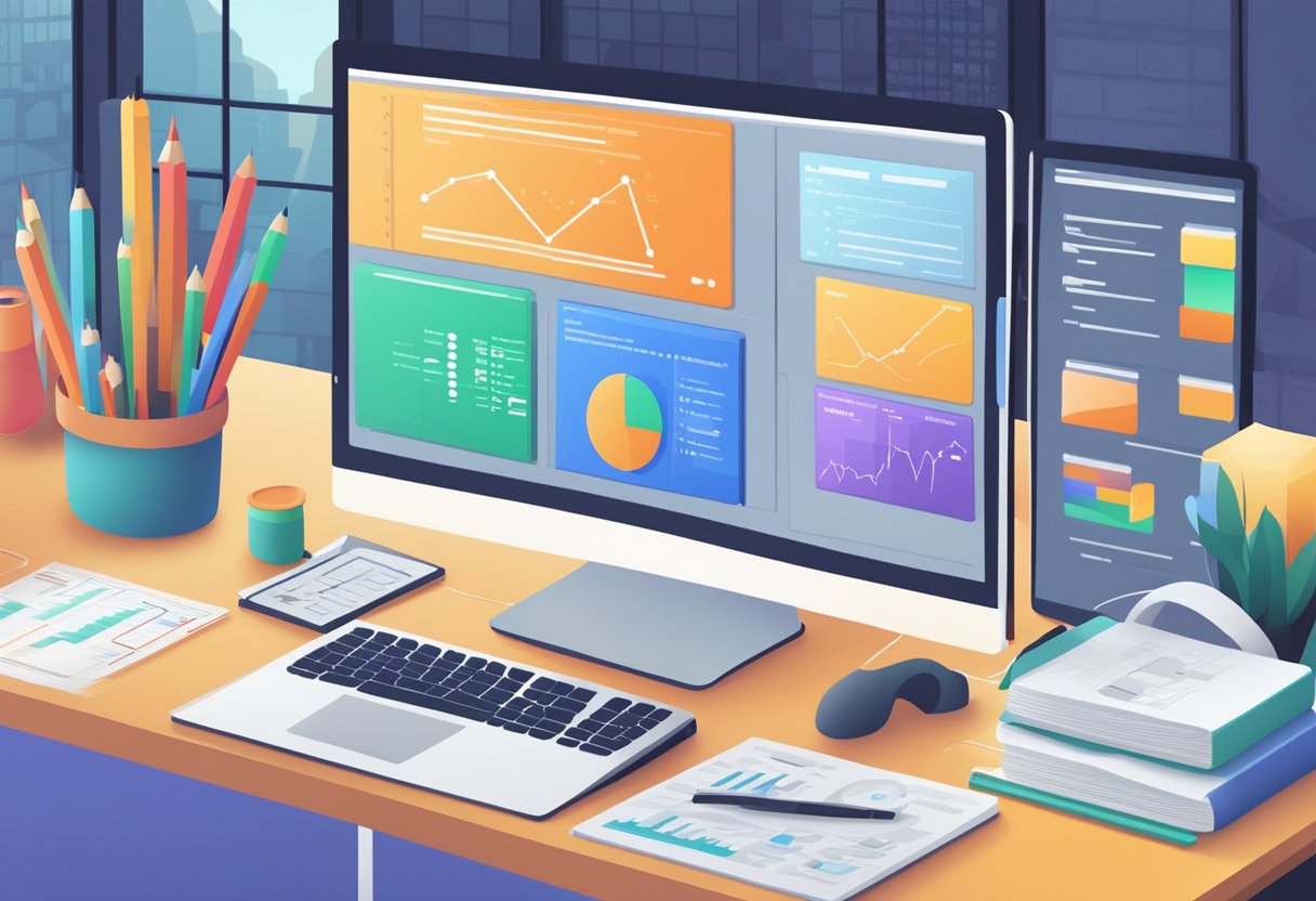 Various software testing tools arranged on a desk with a computer screen displaying code and graphs in the background