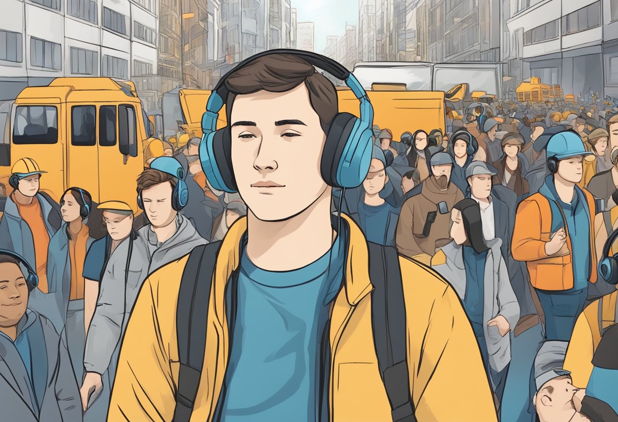 A person wearing noise-canceling headphones in a crowded city, with traffic, construction, and people talking, but all sound is blocked out