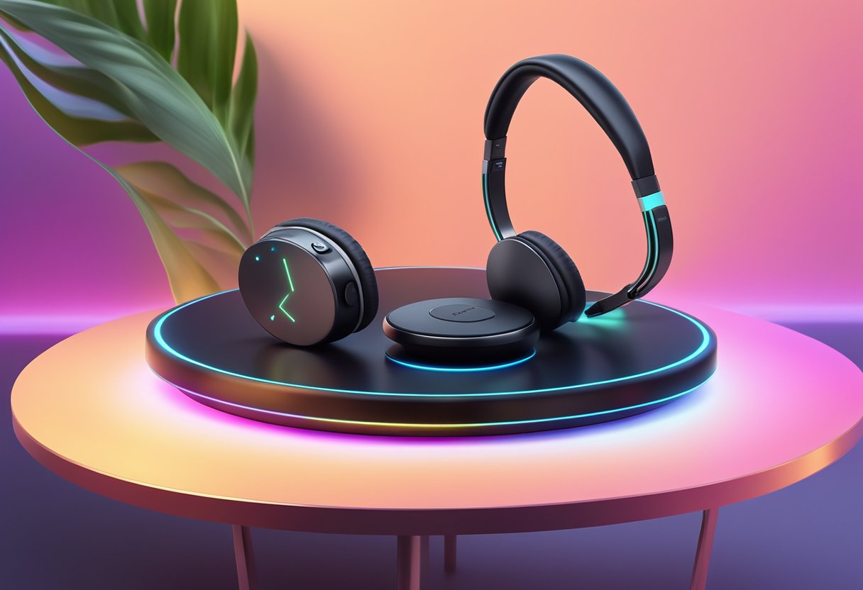 A pair of sleek, black noise-canceling headphones sits on a wireless charging pad, surrounded by a glowing battery indicator