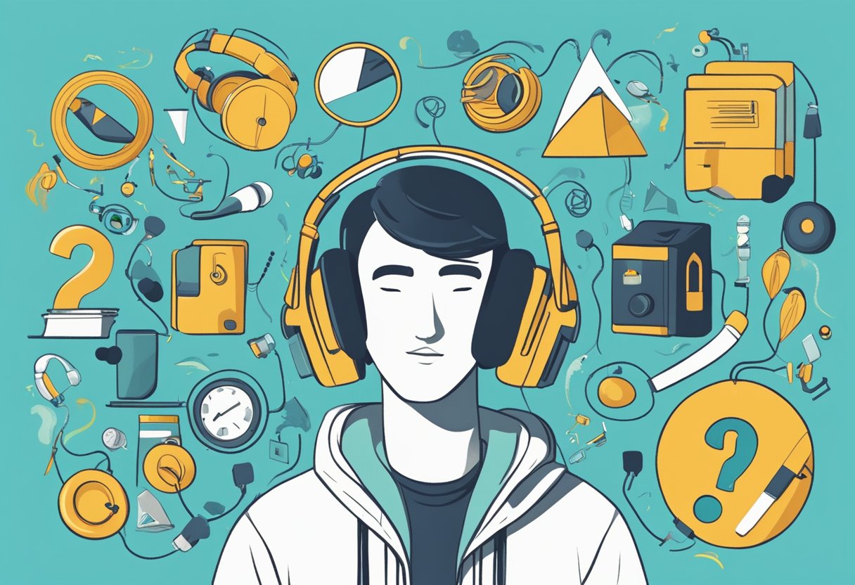 A person wearing noise-canceling headphones, surrounded by various objects with question marks, indicating confusion or curiosity