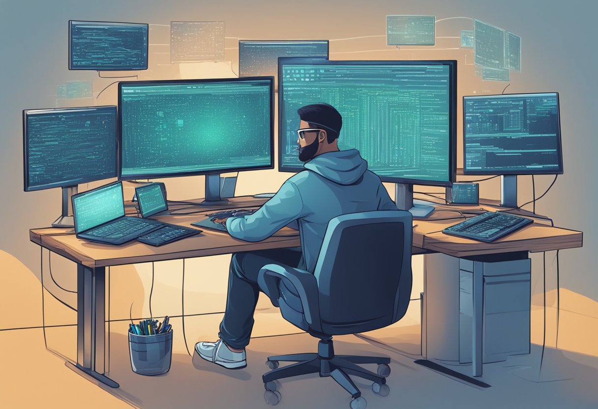 A person sitting at a computer, surrounded by screens and code, with a determined expression as they delve into the world of ethical hacking