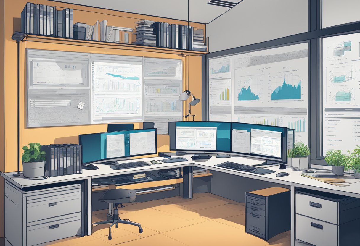 A computer desk with multiple screens displaying coding, network diagrams, and cybersecurity tools. A bookshelf filled with technical books and a whiteboard with diagrams and notes