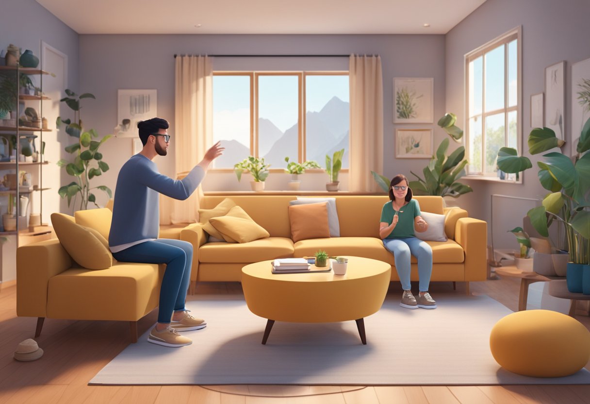 An animated character interacts with virtual objects in a living room filled with AR technology