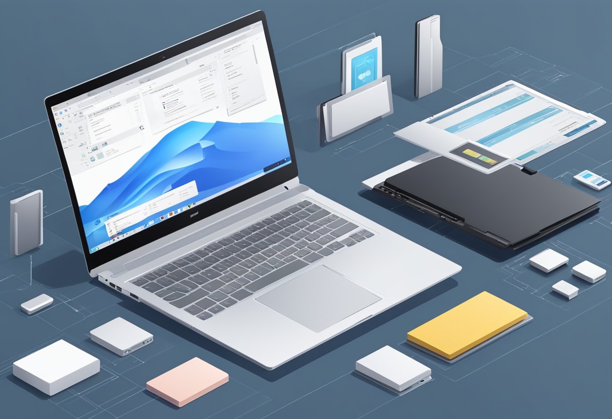 An open laptop with a sleek, modern SSD drive installed, surrounded by various SSD models and a checklist of features to consider